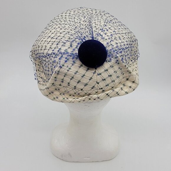 Chanda‎ Hat For Montaldos 50/60’s Fancy Hat With Mesh Face Cover Blue Ivory